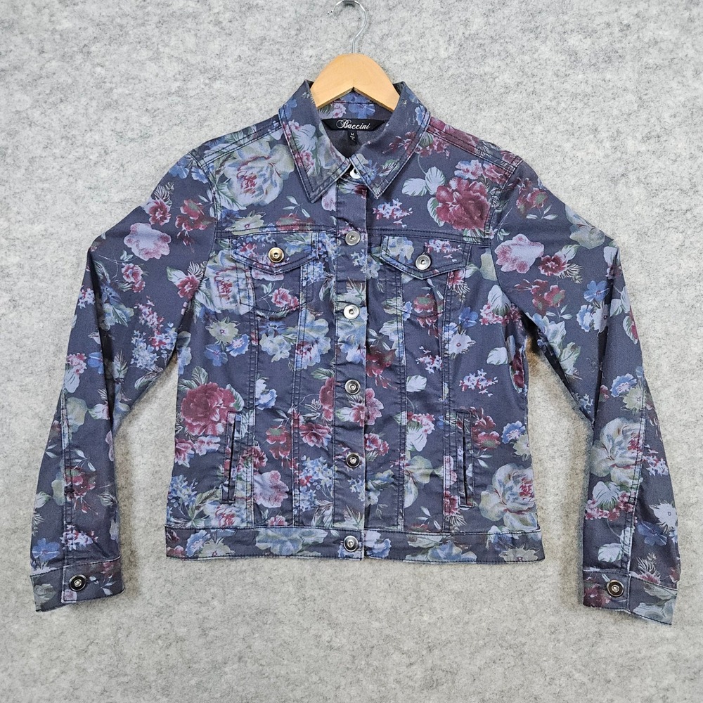 Baccini Floral Print Denim Shacket Women Size M Button Front Long Sleeve Stretch